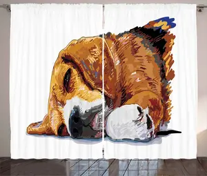 Штора ABAKUHAUS Beagle Rustic, Спящий милый щенок, присборенная штора для спальни с петлями и крючками, 280 x 225 см, цвет: корица, белый, коричневый Abakuhaus