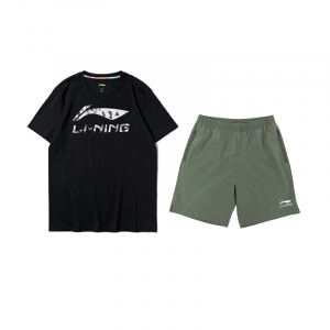 LiNing Повседневная спортивная одежда унисекс, черный short-sleeved shirt+thyme зеленый sports shorts