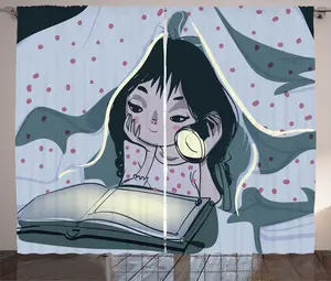 Штора ABAKUHAUS в деревенском стиле с рисунком девочки, читающей книгу на кровати, универсальная, с петлями и крючками, для гостиной, 280 x 225 см, кремово-голубой