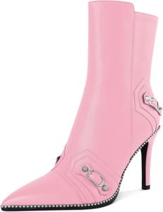 Женские ботильоны AUMOTED с острым носком, боковой молнией, шпилькой и пряжкой на щиколотке, сексуальные полусапожки средней высоты с каблуком 3,7 дюйма и декоративными бусинами