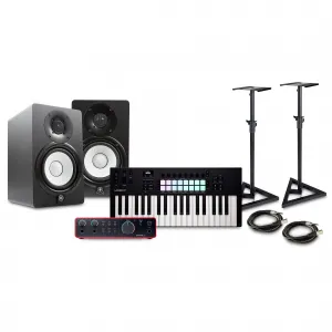 Комплект: MIDI-контроллер Novation Launchkey MK4 с аудиоинтерфейсом Focusrite 2i2 USB и парой студийных мониторов Yamaha HS5 5" (кабели и стойки включены), 37 клавиш