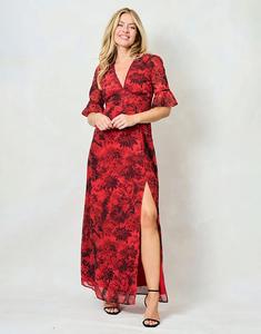 Платье макси Hope & Ivy The Aaliyah с рукавами-оборками, разрезом на бедре и открытой спиной, с кружевной отделкой, многоцветное, красного цвета