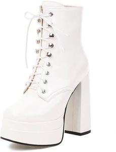 Женские модные ботильоны на высокой платформе из лакированной кожи с боковой молнией, шнуровкой и массивным каблуком JMdfcqer, White