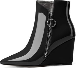 Женские ботильоны на танкетке Joseywade с заостренным носком, молнией и мехом, высота каблука 3,5 дюйма, короткие ботинки, Patent Black