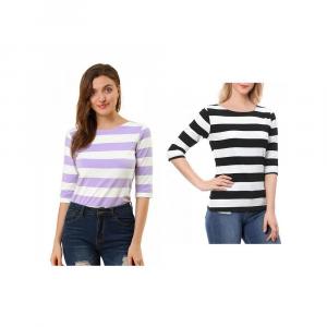 2 упаковки женских повседневных футболок с рукавами до локтя, облегающие топы с вырезом лодочкой ALLEGRA K, цвет Black And Purple