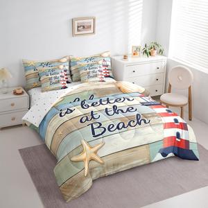 Erosebridal Комплект постельного белья Full Lighthouse в стиле фермерского дома с принтом морских звезд и деревянных заборов, желто-синий, Yellow Green Red