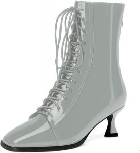 Женские ботинки MODENCOCO с квадратным носком, на молнии, шнуровке, из лакированной кожи, с низким каблуком-китен, высоким голенищем, 5 см, Grey