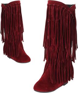 Generic Женские вестерн-сапоги с бахромой, модные сапоги до колена с скрытым каблуком, на пуговицах, с невысоким каблуком, внутренним увеличением роста, мокасины-ботильоны, осень-зима, для улицы, платьевых, сапоги до середины икры