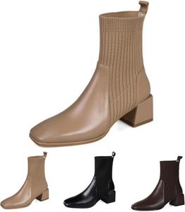 Женские ботильоны с квадратным носком, повседневные на низком массивном каблуке, носок-ботинки, утолщенный низкий каблук, вязаные челси с эластичной вставкой Generic, Apricot