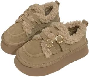 Женские зимние ботинки Faithgee с платформой, утепленные флисом, с декоративными пряжками, удобные слипоны, повседневная теплая обувь для улицы, модные нескользящие тапочки, Khaki