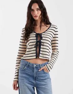 ONLY вязаный кардиган с завязками спереди в кремово-синюю полоску