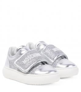 Кожаные кроссовки с логотипом Moschino Kids, White Silver