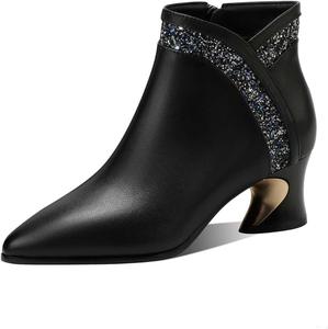 Женские кожаные ботильоны TinaCus с пайетками, с боковой молнией, заостренным носком и массивным каблуком, ручной работы, Black