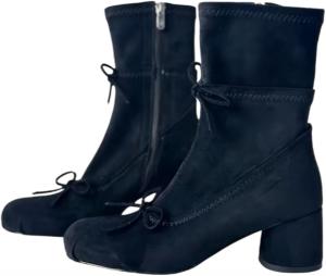 Женские замшевые ботильоны на щиколотку с бантом, круглый носок, натуральная кожа, средний устойчивый каблук, боковая молния, удобные ботинки для офиса, осень-зима ZQW, Black