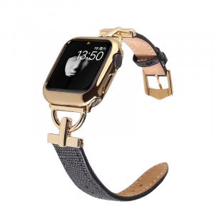 Ремень IBOANN из натуральной кожи с D-образной пряжкой, совместимый со Strap Apple, цвет черный золото [с защитным чехлом]