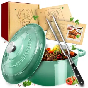 Чугунная кастрюля KRUSTENZAUBER 26 см с вилкой для мяса - подходит для использования в духовке, жаровня с крышкой, подходит для индукционных плит, эмалированная кастрюля Krustenzauber