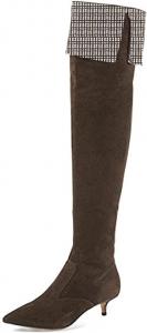 Женские туфли YDN с заостренным носком, выше колена, на шпильке, с невысоким каблуком, на широкую икру, с молнией, для платья, Dark Brown Studded