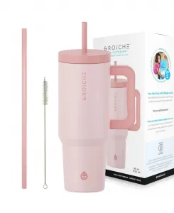 Термокружка объемом 1 л (около 1,2 литра) с трубочкой и ручкой Grosche, розовый