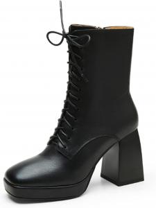 Женские ботинки anteikira с высоким каблуком, средней высоты, с квадратным носком, шнуровкой, закрытые, на платформе с массивным каблуком и молнией, Black