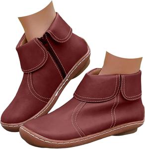 Женские ботильоны Hbeylia с низким каблуком, женские ботинки на шнуровке с молнией, повседневные короткие ботильоны для ходьбы с поддержкой свода стопы, модные ботильоны на плоской подошве, винтажные кожаные осенне-зимние кроссовки для женщин, B-Red