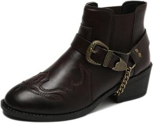 Женские ботильоны PURCHAWEE с металлическими цепочками, на толстом каблуке, кожа, слипоны, модные удобные ботинки Челси с шипами, противоскользящие, военные, Dark Brown