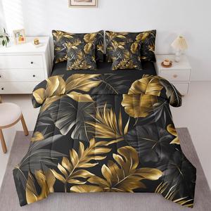 Erosebridal Комплект постельного белья Palm Leaf Monstera Banana Leaves с тропическим принтом из мягкого хлопка для всесезонного использования, Golden Black