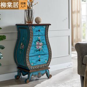 Liutangju Комод 50х35х88 см для прихожей из массива дерева, 4 ящика, американский стиль, синий, полностью собран