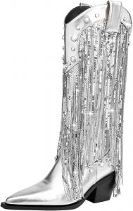 Женские ковбойские сапоги Roimaash Fashion Fringe с бахромой, средней высоты голенища и средним каблуком, 288 Silver