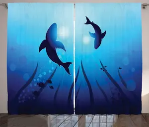 Штора ABAKUHAUS Deep Sea Rustic, Акулы, кружащие под водой, присборенная штора для спальни с петлями и крючками, 280 x 225 см, небесно-голубой, темно-синий Abakuhaus