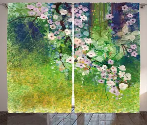 Штора ABAKUHAUS в японском деревенском стиле, рисунок Травяная деревня, для спальни, присборенная, с петлями и крючками, 280 x 245 см, цвет: зеленый, розовый Abakuhaus