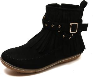 Женские ковбойские ботинки GUNIYIFS с западным стилем, из искусственной замши, укороченные, с низким каблуком, удобные, с бахромой и кисточками, Black