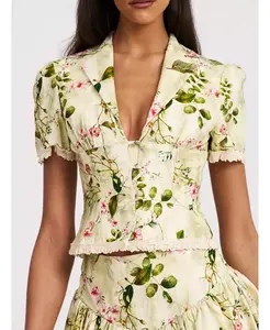 Женский льняной топ Zanella Green с цветочным принтом и кружевной отделкой Miss Circle, зеленый