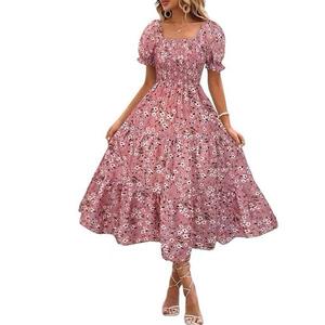 Женское летнее платье миди с присборенным лифом, квадратным вырезом и пышными короткими рукавами Clearflower, Pink Floral