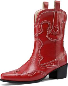 Вышитые ковбойские сапоги для женщин, ковбойские сапоги на носке, с цветочным узором, на низком массивном каблуке, вестерн-стиль LIPIJIXI, 005 Rot