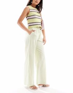 Широкие льняные брюки Bershka с завязкой на талии в лаймовую полоску