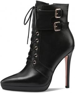 Женские ботильоны TinaCus ручной работы из натуральной кожи с шнуровкой спереди, боковой молнией, заостренным носком, платформой и высокими шпильками, Black
