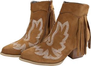Стильные женские ковбойские ботильоны с острым носком, с вышивкой в западном стиле, на низком массивном каблуке Generic, Brown
