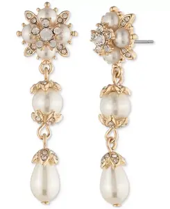 Серьги-Подвески с золотистыми кристаллами и искусственным жемчугом Marchesa, white