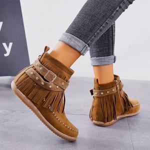 Женские ковбойские ботильоны с бахромой из искусственной замши, короткие ботинки на низком каблуке с кисточками, ретро стиль, зимние Generic, Brown-A