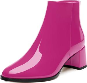 Женские ботильоны JUSTDANNI с круглым носком, массивным каблуком и высоким каблуком, удобная боковая молния, лакированные ботильоны для вечеринки, работы, повседневной носки и свадьбы, Magenta