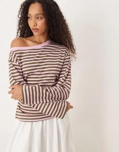 Лонгслив ASOS DESIGN с длинными рукавами и открытыми плечами, корсетная, в розово-зеленую полоску