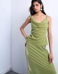 Бархатная майка-комбинация Topshop цвета авокадо с перекрученными плечами