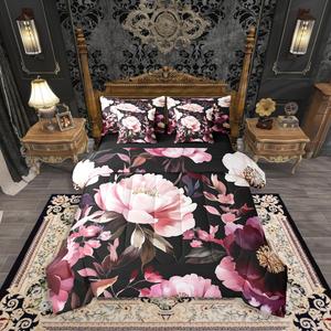 Erosebridal Комплект постельного белья Pink Peony с цветочным принтом в ретро стиле, Pink and Black