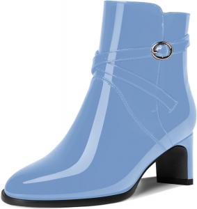 Женские лакированные уличные ботильоны с круглым носком, пряжкой, модные с массивным невысоким каблуком 2 дюйма DEMOSHINE, Light Blue