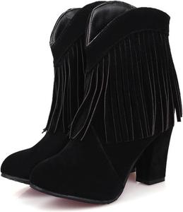 Женские слипоны Yuizko из замши с кисточками, массивные каблуки, ковбойские ботильоны, повседневная мода, V-образный вырез, круглый носок, бахрома, западные ботильоны, ретро бохо платьевые ботинки, Black