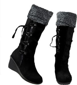 Женские замшевые сапоги до колена, модные, утепленные, с меховой подкладкой, зимние, с кружевами, на танкетке, средние по голени для женщин LJCFSDL, Black