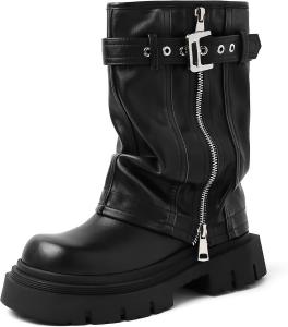 Женские ботинки YIYA с платформой, складным верхом, байкерского стиля, средней длины до икры, с пряжкой, квадратным носком, массивным каблуком, молнией, короткие мотоботинки для боевых действий, Black