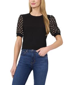 Топ CeCe Embroidery Puff Sleeve Mixed Media Knit Top, Rich Black