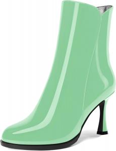 Женские ботильоны на высоком каблуке 3,3 дюйма с круглым носком, молнией и лакированной кожей, свадебное платье DEMOSHINE, Turquoise