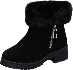 No Brand Модные зимние женские сапоги на низком каблуке с толстой подошвой, противоскользящие, с боковой молнией, однотонные, с плюшевой подкладкой, теплые и удобные сапоги на низком каблуке для женщин, размер 12 (черный, 6.5)